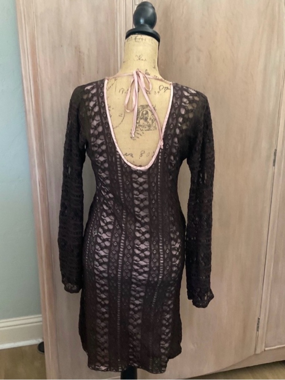 Vintage Y2K Cernei Baroque Mixed Pattern layered brown nude tie back Lace Dress